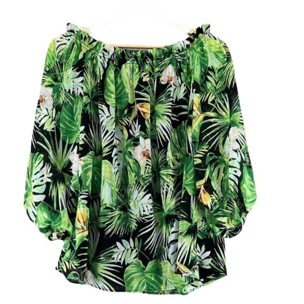 WHITE HOUSE BLACK MARKET TROPICAL PALM PRINT OFF THE SHOULDER BLOUSE XXS RESORT